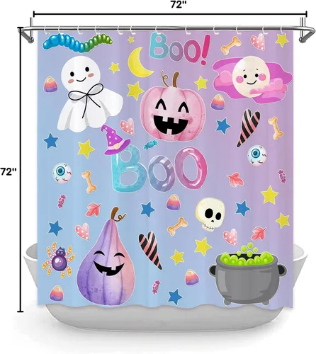 Vista 8 de JOOCAR Bonito juego de cortina de ducha de fantasmas de Halloween, cortina de ducha espeluznante de calabaza con caramelo, cortina de baño