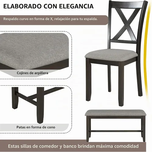 Vista 4 de Juego de mesa de comedor de 6 piezas, mesa de cocina rectangular de madera y 4 sillas de comedor con cojines y 1 banco con cojín, juego de mesa