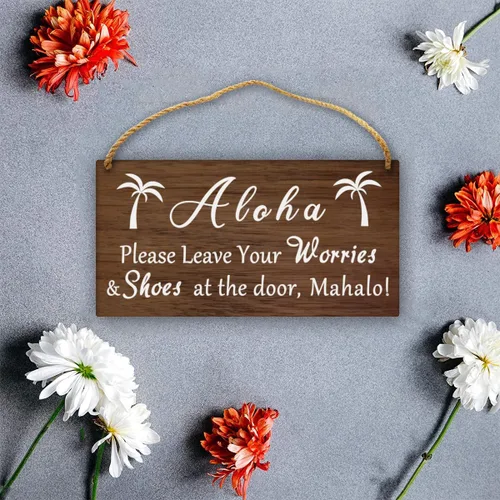 Vista 3 de Aloha Please Leave Your Worries and Shoes at the door Mahalo - Letrero de madera vintage para el hogar, granja, cocina, baño, porche, 5 x 10