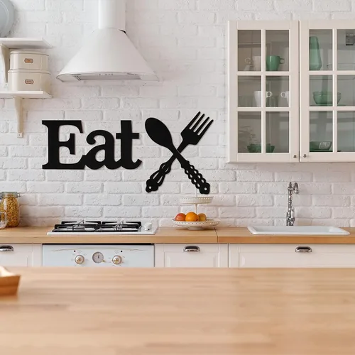 Vista 4 de Jetec Juego de letrero de "Eat", decoración de pared con tenedor y cuchara, decoración de madera rústica, lindas letras "Eat" para cocina y hogar