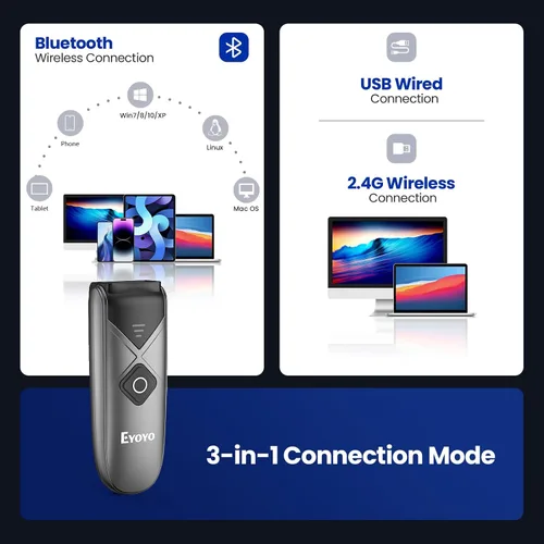 Vista 3 de Eyoyo Escáner de código de barras Bluetooth 2D y 1D, mini lector de código de barras inalámbrico portátil con conexión inalámbrica