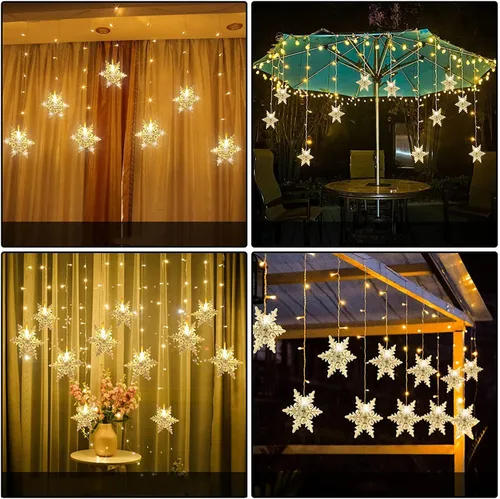Vista 4 de Luces LED de cortina de copos de nieve, 13 pies / 13.1 ft, 96 luces LED de copo de nieve, luces de copos de nieve de Navidad, 8 modos
