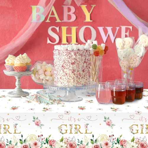 Vista 6 de Pajean Paquete de 3 manteles florales para baby shower, decoración con texto en inglés "It's a Girl", manteles de fiesta de baby shower, manteles