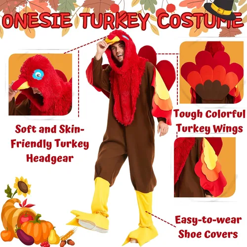 Vista 5 de Disfraz de pavo para adulto, Acción de Gracias, Halloween, traje de cosplay, traje divertido de 3 piezas para hombres y mujeres, fiesta de vacaciones