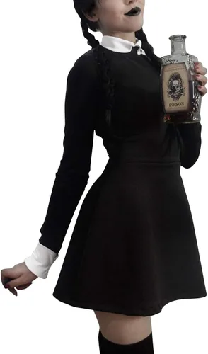 Vista 2 de ICEYOU- Disfraz de Halloween de Morticia Addam de los Locos Addams, vestido, hombro descubierto, vestido partido, maxivestido