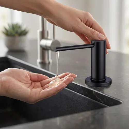 Vista 7 de Dispensador de jabón para fregadero de cocina, dispensador de jabón negro integrado, bomba de jabón de acero inoxidable con tubo de extensión de 40