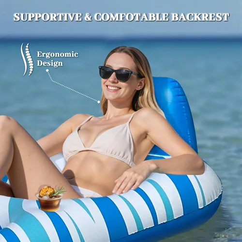 Vista 2 de Pool Float for Adults – Extra Large Inflatable Tanning Pool Float with Backrest, Footrest & 2 Cup Holders, Heavy Duty Float Lounger for Pool, Lake
