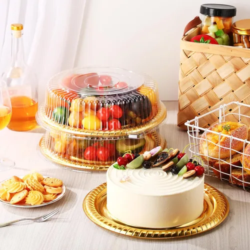 Vista 3 de Nitial 12 Piezas Bandejas de Servicio Resistentes con Tapa Transparente, Bandejas Redondas Elegantes Doradas para Catering Desechables Platos