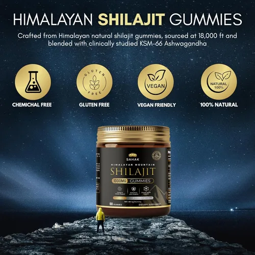 Vista 4 de SAHAK Gomitas Shilajit, fuerza del Himalaya y apoyo energético para hombres y mujeres con Ashwagandha KSM-66, miel de manuka MGO y más de 85