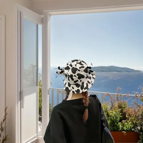 Vista 2 de Sombrero de pescador con estampado de vaca con orejas de cuerno lindas con estampado de vaca, sombrero de sol de playa de verano, sombrero