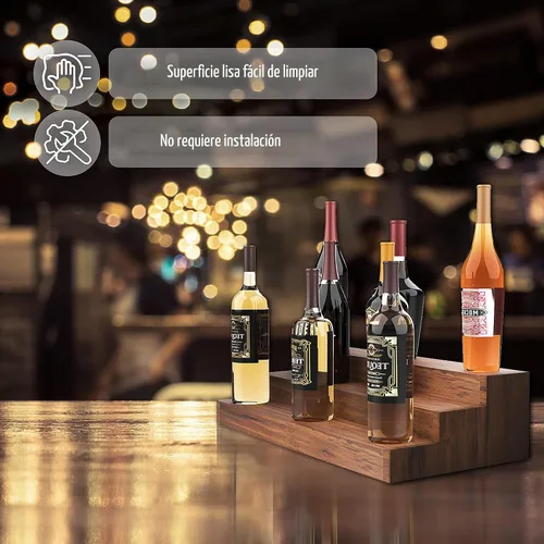 Vista 4 de Soporte para botellas de licor, estante de exhibición de botellas de licor de 3 niveles de 24 pulgadas, capacidad para 18 botellas, madera real,