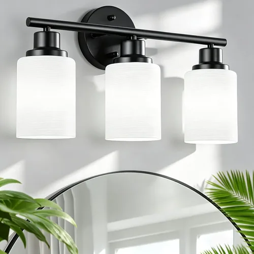 Vista 29 de Paquete de 2 luces de tocador de 1 luz, lámpara de baño de níquel cepillado con pantalla de vidrio blanco lechoso texturizado, accesorio