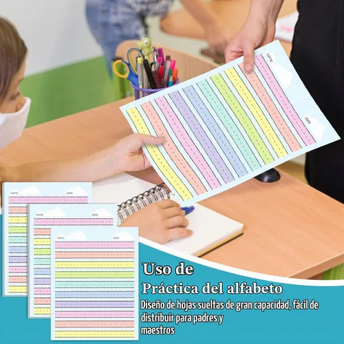 Vista 5 de 50 hojas de papel de línea elevada multicolor para práctica de escritura, papel de escritura de jardín de infantes de regla ancha, doble cara