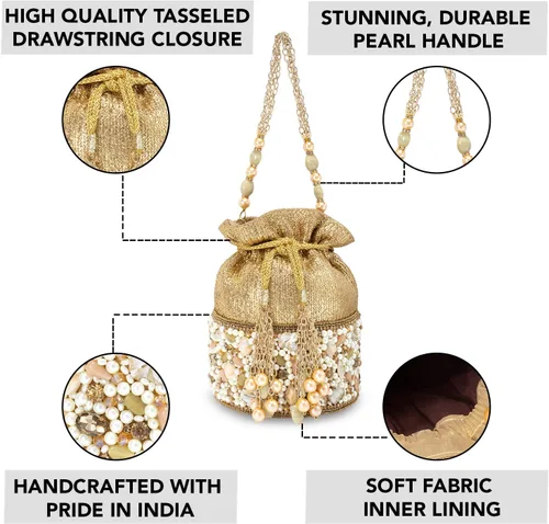 Vista 2 de Aheli Bolsas indias Potli para mujer, bolsa de noche, bolso de mano étnico para novia con cordón, regalo para el día de la madre para mamá, dorado 1