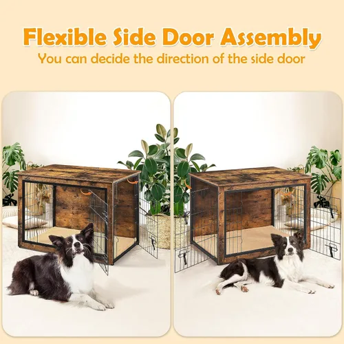 Vista 4 de Yaheetech Jaula para Perros de 40'' como Mueble con Cojín, Jaula de Madera para Perros con Puertas Dobles/Patas Ajustables, Mesa Lateral para Perros