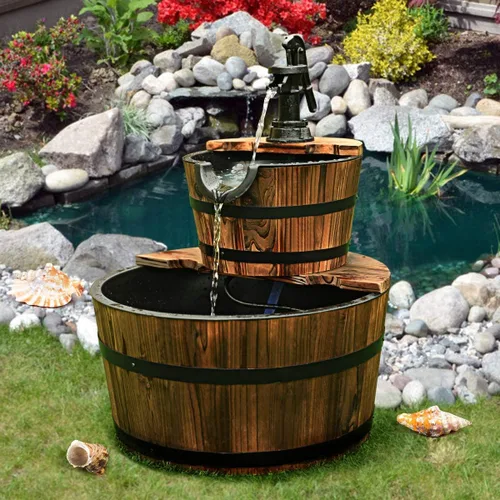 Vista 2 de FANTASK Fuente de cascada de barril de 2 niveles, fuente de agua de barril para exteriores con bomba de mano, construcción rústica de madera maciza