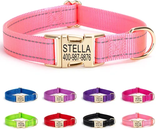 Vista 16 de Collar personalizado para perro con etiqueta de nombre, collar de nailon reflectante para mascotas, collares de perro con hebilla dorada grabada