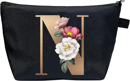 Vista 10 de CTNUOBEE Bolsa de comestic con letras del alfabeto dorado con bolsa de maquillaje de flores, bolsa de viaje portátil con cremallera, bolsa de aseo