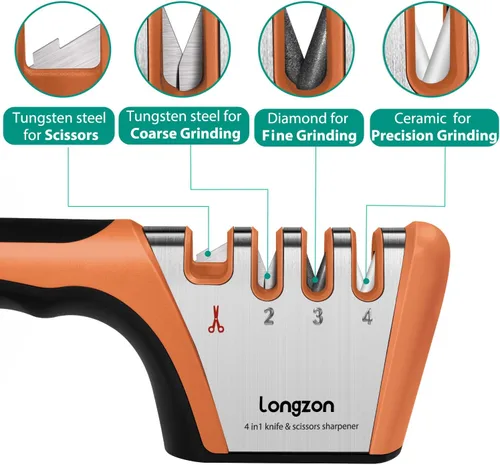 Vista 2 de Longzon Afilador de cuchillos 5 en 1 de 4 etapas con guante resistente a cortes, afila y restaura rápidamente las cuchillas sin filo, fácil y seguro