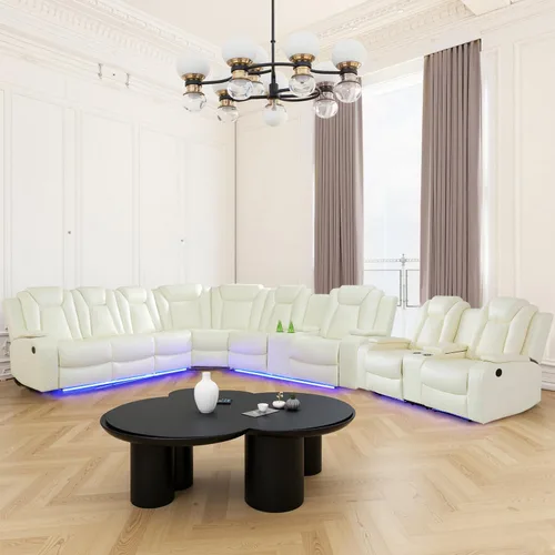 Vista 15 de Juego de sofá seccional reclinable con alimentación, juego de sofá modular reclinable de cuero negro en forma de L, sofá de cuero en forma de L