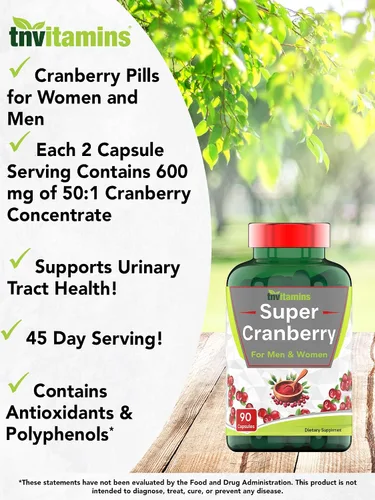Vista 3 de tnvitamins Pastillas de arándano para mujeres y hombres - 90 cápsulas Apoya la salud del tracto urinario* Suplemento concentrado de arándano