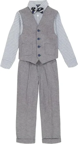 Vista 22 de Nautica Conjunto de traje formal de 4 piezas para niños con chaleco, pantalones, camisa de vestir con cuello y corbata Lino Azul