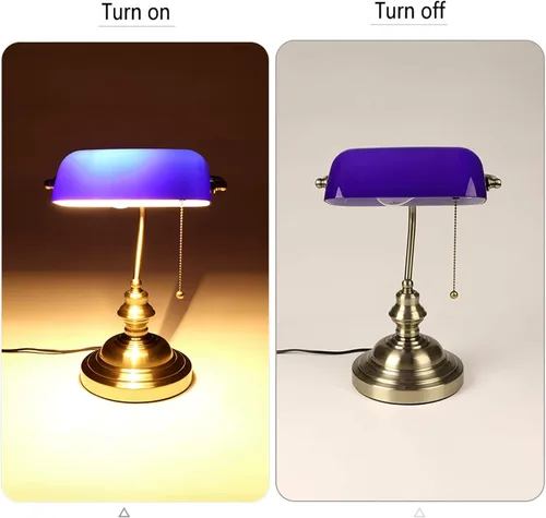 Vista 3 de Vintage Green Banker's Desk Lamp Antique Traditional Table with Switch Glass Adjustable Lampshade Bronze Finish E27 Blue
