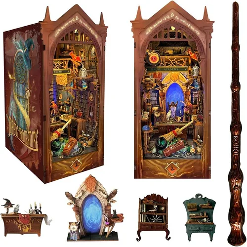 Vista 8 de Kit de manualidades para rincón de lectura DIY - Kit de casa en miniatura estilo navideño para estanterías, rompecabezas de madera 3D con cubierta