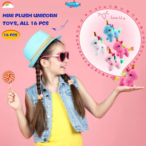 Vista 3 de Paquete de 16 mini juguetes de unicornio de peluche, pequeño unicornio de peluche, lindo llavero de peluche, juguetes a granel para Navidad