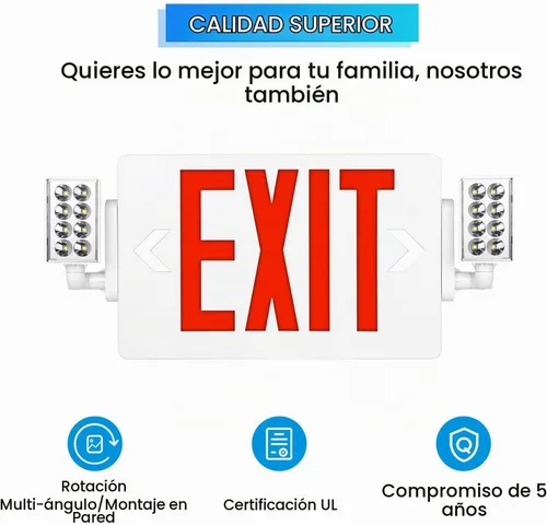 Vista 5 de Spectsun - Paquete de 1 señal de salida roja con luces de emergencia, dos luces LED de salida de emergencia ajustables con batería de respaldo Rojo