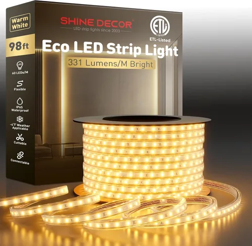 Vista 25 de Shine Decor Tira de luz LED fácil de conectar, 2800 K blanco cálido, resistente al frío, resistente a la intemperie para interiores y exteriores