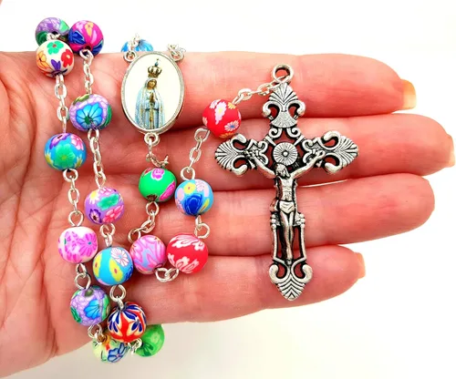 Vista 6 de TALISMAN4U Collar de rosario católico con cuentas de polímero de colores Nuestra Señora de Fátima Jesús Cruz Tierra Santa Regalo, Resina