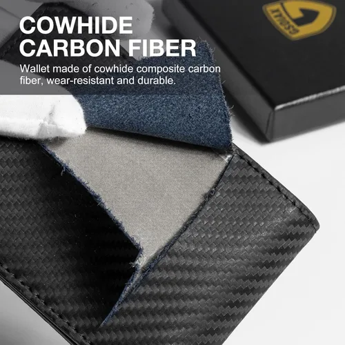 Vista 6 de GSOIAX Billetera delgada para hombre minimalista de cuero genuino fibra de carbono con bloqueo RFID de cuero vacuno plegable con caja de regalo