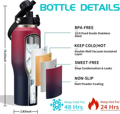 Vista 3 de Frasco de agua de 64 onzas y botellas de agua de 32 onzas que se adaptan a portavasos, botella de agua de acero inoxidable con popote, mango