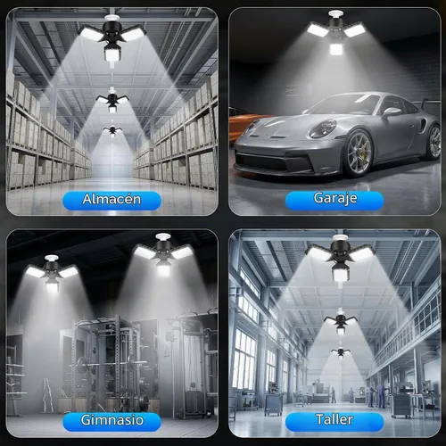 Vista 6 de 4 paquetes de luces LED para garaje, 60 W, luz de techo de garaje deformable, 8000 lm, E26, luces de sótano con 3 paneles LED ajustables, se adapta