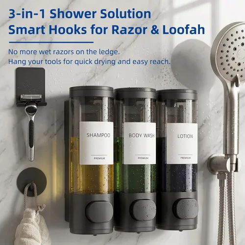 Vista 3 de GMISUN Shower Soap Dispenser Wall Mounted with Razor Holder & Loofah Hook Black