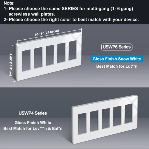 Vista 4 de BESTTEN Placa de pared sin tornillos de 5 segmentos, cubierta de enchufe decorador, placa decorativa para interruptor, serie blanca nieve brillante