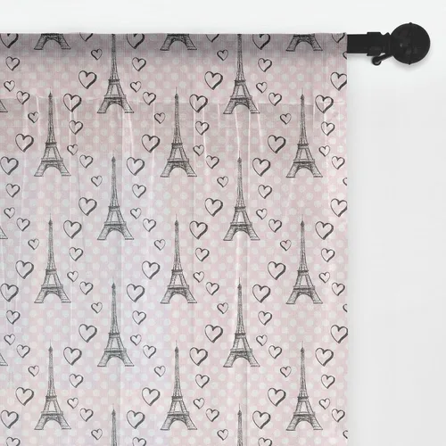 Vista 22 de Ambesonne Cortinas de tul Eiffel con bolsillo para barra, globos retro de corazón de café, remolinos de hito francés, cortina transparente