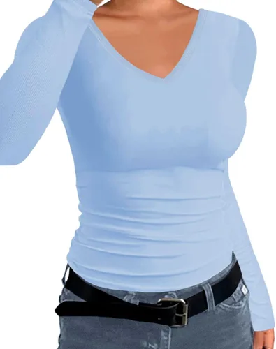 Vista 2 de Afibi Camiseta básica elástica de manga larga acanalada con cuello en V para mujer