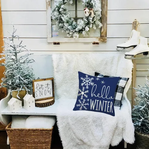 Vista 4 de Hello Winter - Funda de almohada de 16 x 16 pulgadas, diseño de copo de nieve azul y blanco, decoración de Navidad, decoración de casa de campo