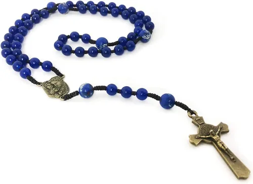 Vista 4 de Juego de pulseras de rosario y rosario de cordón de piedra arenisca y jade azul de santa familia - Pulsera de ojo de tigre para hombre - Rosario