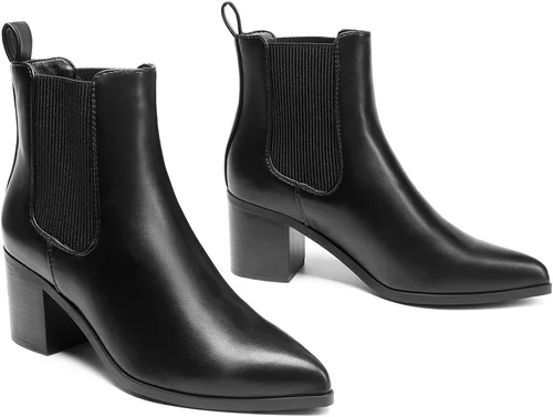 Vista 5 de DREAM PAIRS Botines Chelsea elásticos retro para mujer, a la moda, tacón bajo y grueso, puntera puntiaguda, botines de tacón de otoño