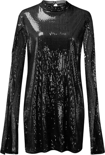 Vista 3 de Elegante vestido de fiesta para mujer estilo capa vestido de lentejuelas de color liso cuello alto vestido de noche