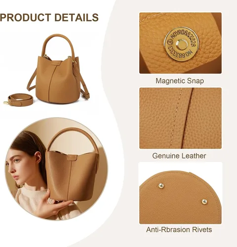 Vista 5 de Bolsos de cubo para mujer, bolsos cruzados de cuero auténtico, carteras con asa superior y correa ajustable