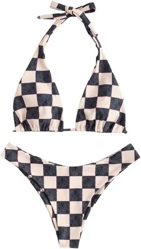 Vista 12 de ZAFUL Bikinis triangulares estampados para mujer, 2 piezas, bikini halter, traje de baño de corte alto, traje de baño con lazo lateral 0-negro a