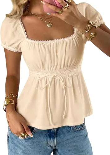 Vista 34 de SOLY HUX Blusa de verano de manga corta para mujer Blanco sólido