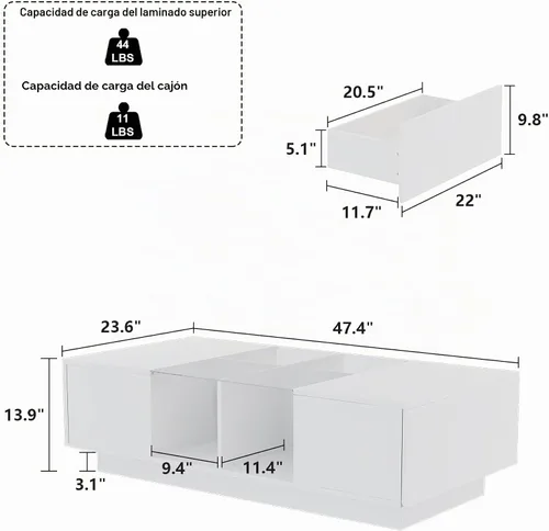 Vista 2 de ECACAD Moderna mesa auxiliar LED con cajones y compartimentos abiertos, mesa central rectangular con parte superior de cristal para sala de estar
