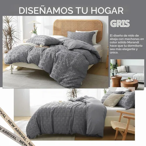 Vista 6 de MILDLY Juego de funda de edredón de tejido gofre, funda de edredón gris copetuda, 100% microfibra lavada, suave y transpirable, con textura, cierre