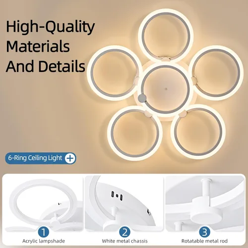 Vista 3 de Lámpara de techo LED, lámpara de techo moderna de 6 anillos, 77 W regulable 3000K a 6500K, luz de techo blanca con control remoto para sala