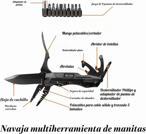 Vista 2 de Navaja multiherramienta RoverTac – Navaja de bolsillo de 15 en 1 con pelacables, cortador de alambre, 9 destornilladores, abridor de botellas